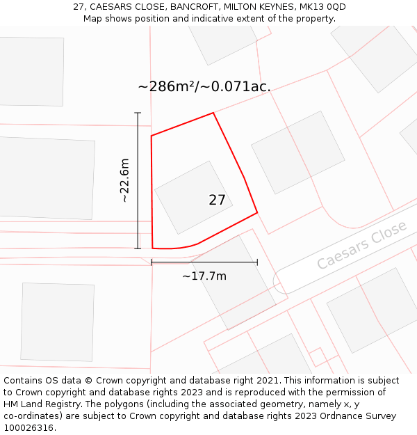 27, CAESARS CLOSE, BANCROFT, MILTON KEYNES, MK13 0QD: Plot and title map