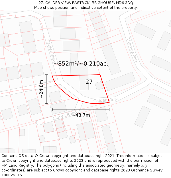 27, CALDER VIEW, RASTRICK, BRIGHOUSE, HD6 3DQ: Plot and title map