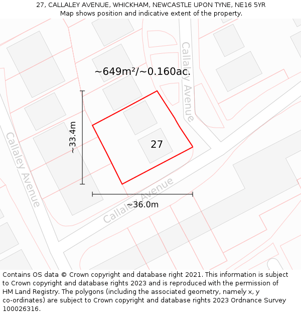 27, CALLALEY AVENUE, WHICKHAM, NEWCASTLE UPON TYNE, NE16 5YR: Plot and title map