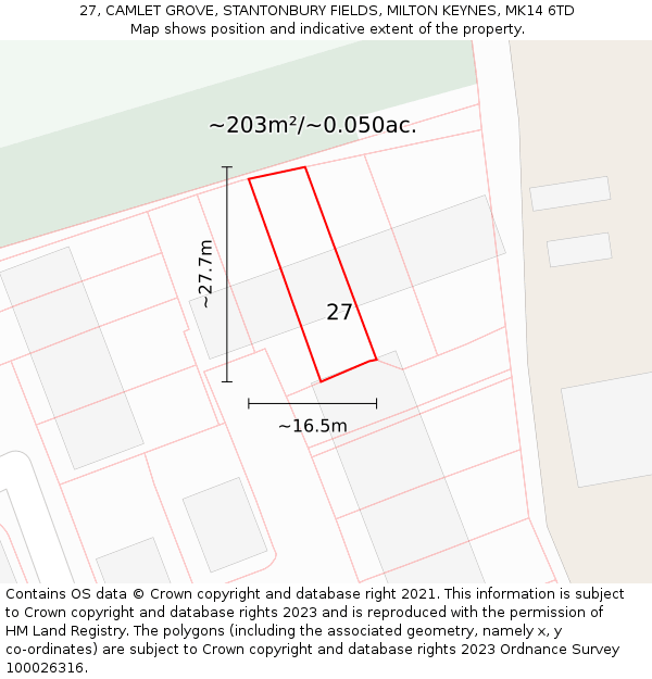 27, CAMLET GROVE, STANTONBURY FIELDS, MILTON KEYNES, MK14 6TD: Plot and title map