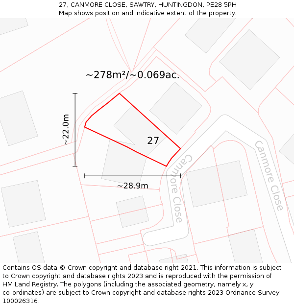 27, CANMORE CLOSE, SAWTRY, HUNTINGDON, PE28 5PH: Plot and title map