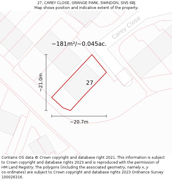 27, CAREY CLOSE, GRANGE PARK, SWINDON, SN5 6BJ: Plot and title map