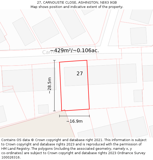 27, CARNOUSTIE CLOSE, ASHINGTON, NE63 9GB: Plot and title map