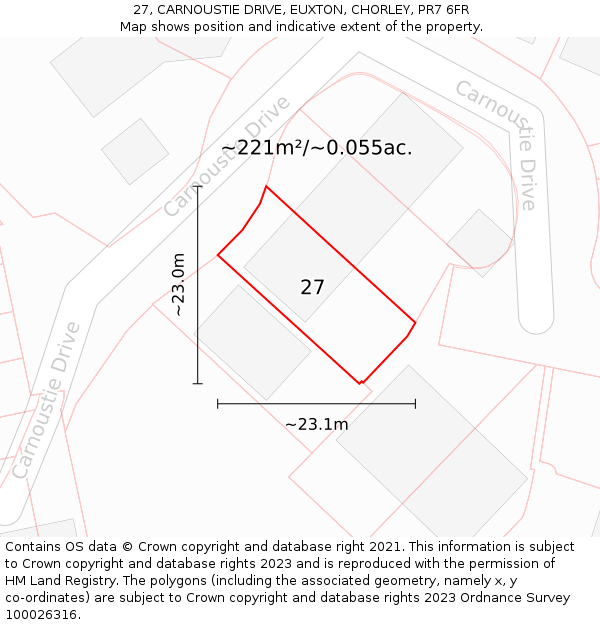 27, CARNOUSTIE DRIVE, EUXTON, CHORLEY, PR7 6FR: Plot and title map