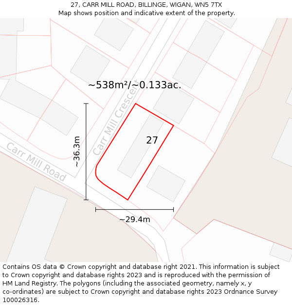 27, CARR MILL ROAD, BILLINGE, WIGAN, WN5 7TX: Plot and title map