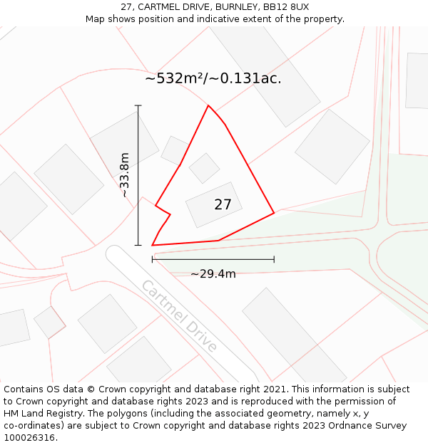 27, CARTMEL DRIVE, BURNLEY, BB12 8UX: Plot and title map