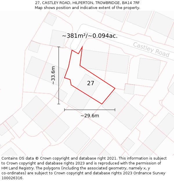 27, CASTLEY ROAD, HILPERTON, TROWBRIDGE, BA14 7RF: Plot and title map