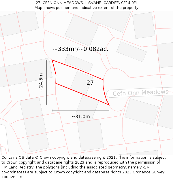 27, CEFN ONN MEADOWS, LISVANE, CARDIFF, CF14 0FL: Plot and title map
