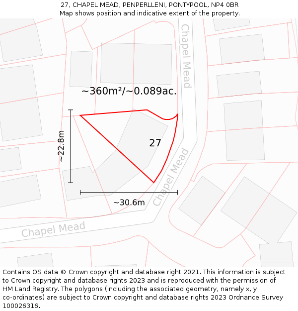 27, CHAPEL MEAD, PENPERLLENI, PONTYPOOL, NP4 0BR: Plot and title map