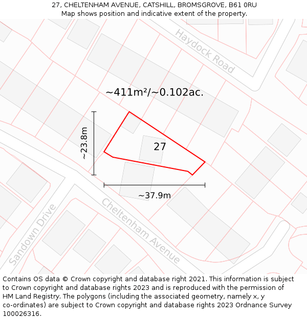 27, CHELTENHAM AVENUE, CATSHILL, BROMSGROVE, B61 0RU: Plot and title map