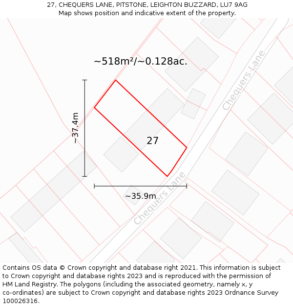 27, CHEQUERS LANE, PITSTONE, LEIGHTON BUZZARD, LU7 9AG: Plot and title map