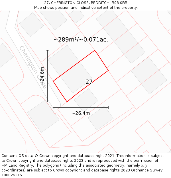 27, CHERINGTON CLOSE, REDDITCH, B98 0BB: Plot and title map