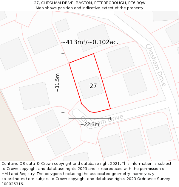 27, CHESHAM DRIVE, BASTON, PETERBOROUGH, PE6 9QW: Plot and title map