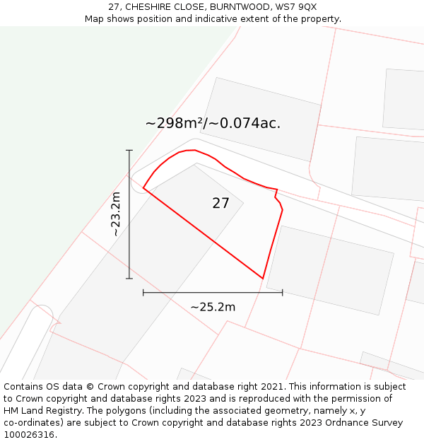 27, CHESHIRE CLOSE, BURNTWOOD, WS7 9QX: Plot and title map