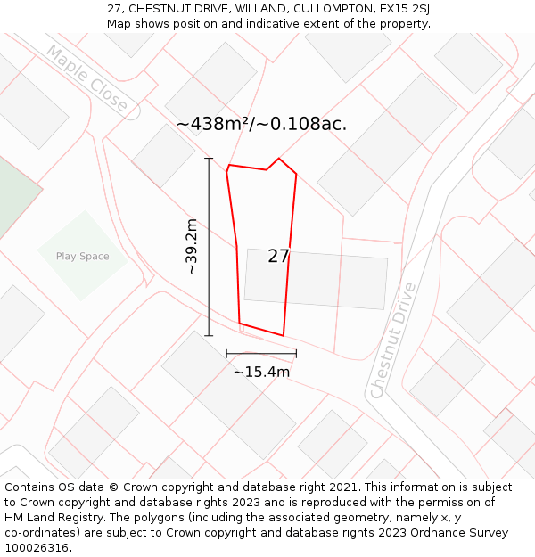 27, CHESTNUT DRIVE, WILLAND, CULLOMPTON, EX15 2SJ: Plot and title map