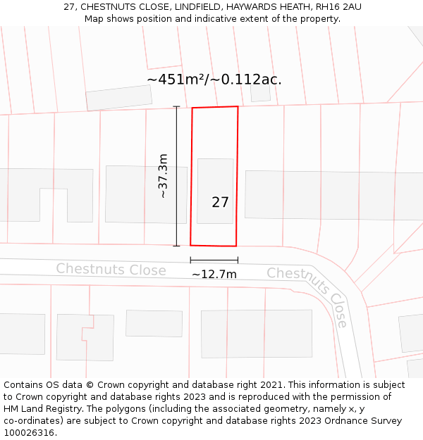 27, CHESTNUTS CLOSE, LINDFIELD, HAYWARDS HEATH, RH16 2AU: Plot and title map
