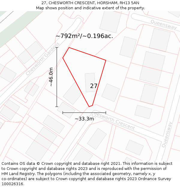 27, CHESWORTH CRESCENT, HORSHAM, RH13 5AN: Plot and title map