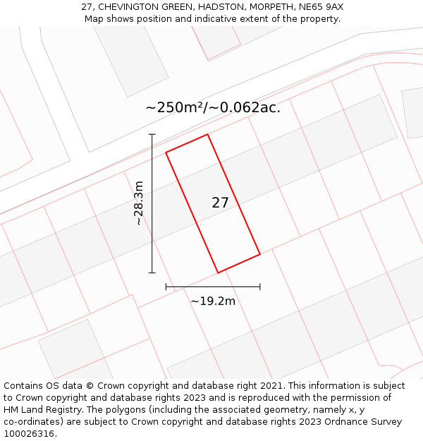 27, CHEVINGTON GREEN, HADSTON, MORPETH, NE65 9AX: Plot and title map