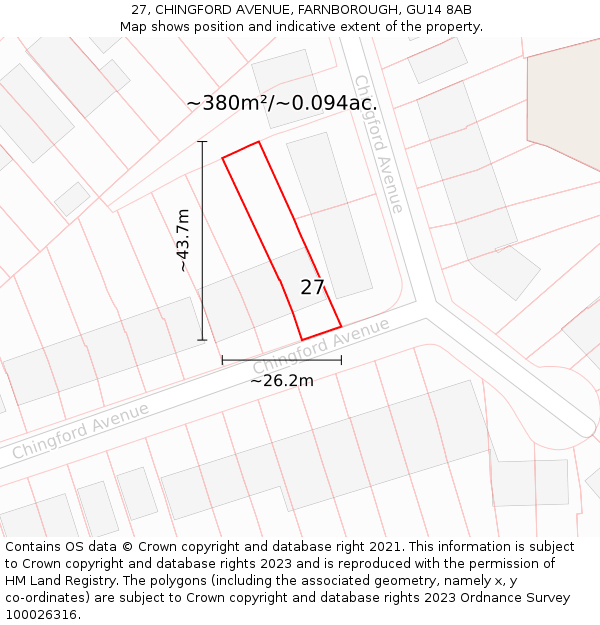 27, CHINGFORD AVENUE, FARNBOROUGH, GU14 8AB: Plot and title map