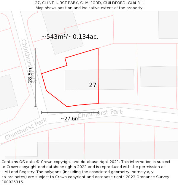 27, CHINTHURST PARK, SHALFORD, GUILDFORD, GU4 8JH: Plot and title map