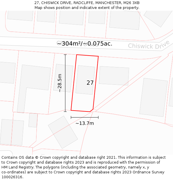 27, CHISWICK DRIVE, RADCLIFFE, MANCHESTER, M26 3XB: Plot and title map