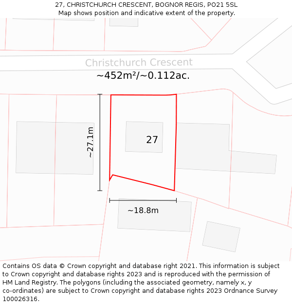 27, CHRISTCHURCH CRESCENT, BOGNOR REGIS, PO21 5SL: Plot and title map