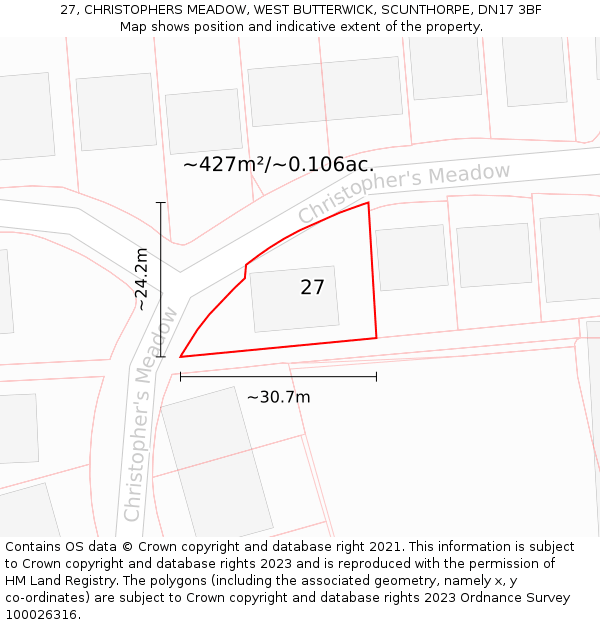 27, CHRISTOPHERS MEADOW, WEST BUTTERWICK, SCUNTHORPE, DN17 3BF: Plot and title map