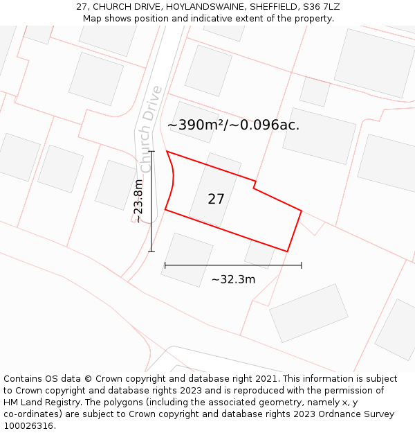 27, CHURCH DRIVE, HOYLANDSWAINE, SHEFFIELD, S36 7LZ: Plot and title map