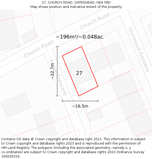 27, CHURCH ROAD, GATESHEAD, NE9 5RD: Plot and title map