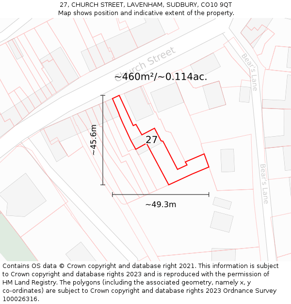 27, CHURCH STREET, LAVENHAM, SUDBURY, CO10 9QT: Plot and title map