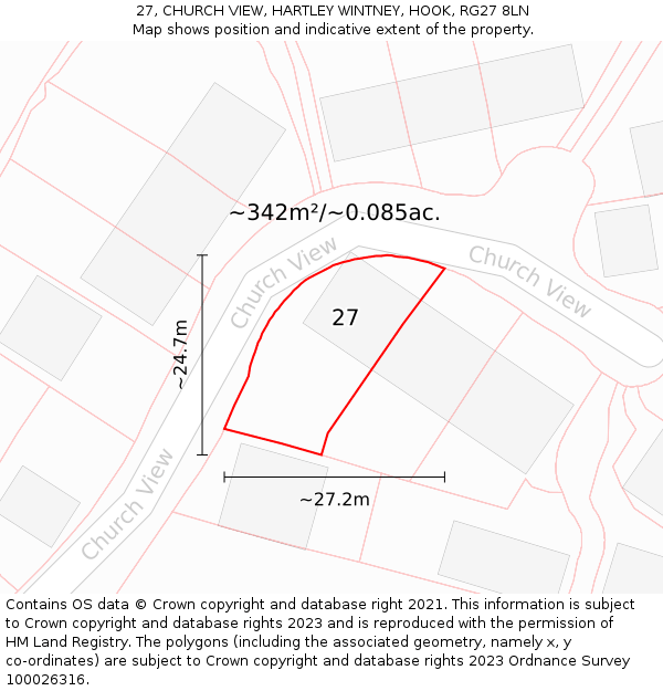 27, CHURCH VIEW, HARTLEY WINTNEY, HOOK, RG27 8LN: Plot and title map