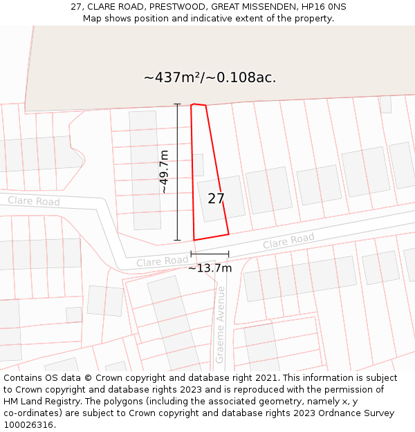 27, CLARE ROAD, PRESTWOOD, GREAT MISSENDEN, HP16 0NS: Plot and title map