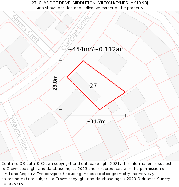 27, CLARIDGE DRIVE, MIDDLETON, MILTON KEYNES, MK10 9BJ: Plot and title map