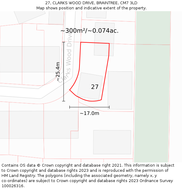 27, CLARKS WOOD DRIVE, BRAINTREE, CM7 3LD: Plot and title map