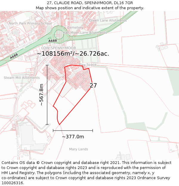 27, CLAUDE ROAD, SPENNYMOOR, DL16 7GR: Plot and title map