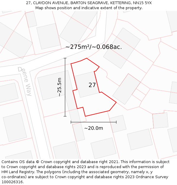 27, CLAYDON AVENUE, BARTON SEAGRAVE, KETTERING, NN15 5YX: Plot and title map