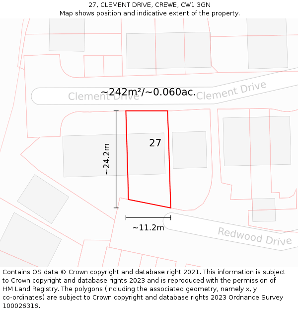 27, CLEMENT DRIVE, CREWE, CW1 3GN: Plot and title map