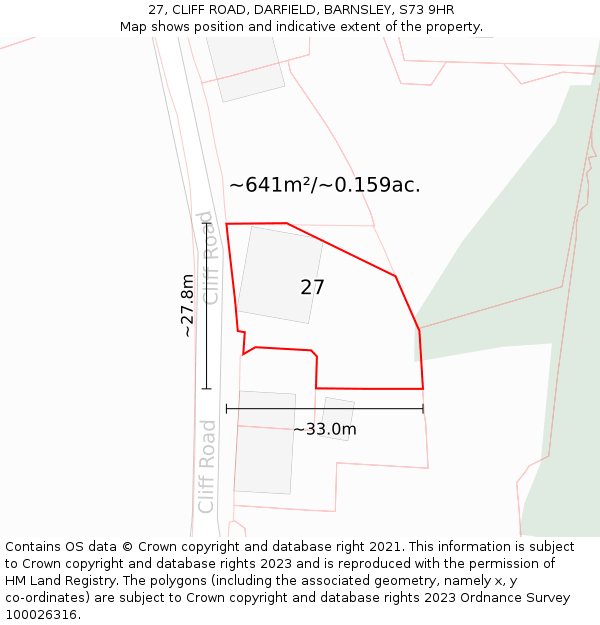 27, CLIFF ROAD, DARFIELD, BARNSLEY, S73 9HR: Plot and title map