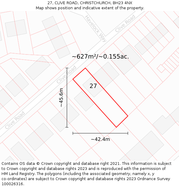 27, CLIVE ROAD, CHRISTCHURCH, BH23 4NX: Plot and title map