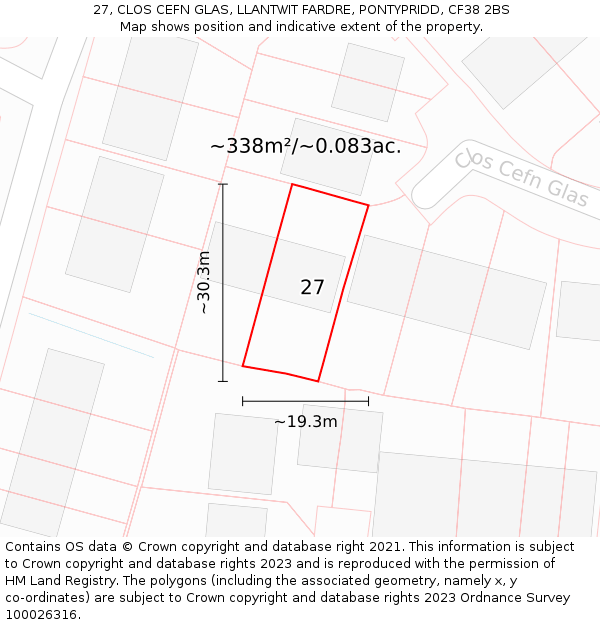 27, CLOS CEFN GLAS, LLANTWIT FARDRE, PONTYPRIDD, CF38 2BS: Plot and title map