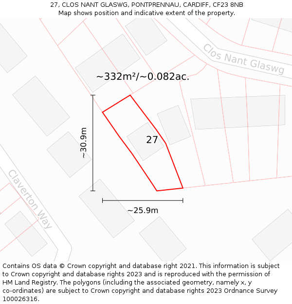 27, CLOS NANT GLASWG, PONTPRENNAU, CARDIFF, CF23 8NB: Plot and title map