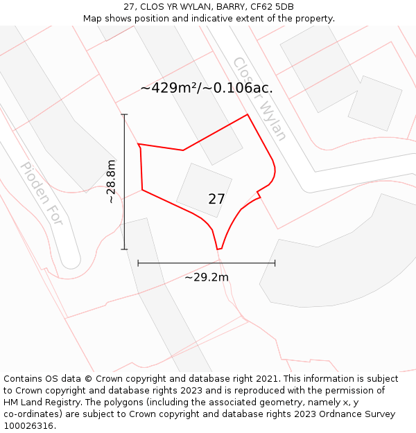 27, CLOS YR WYLAN, BARRY, CF62 5DB: Plot and title map