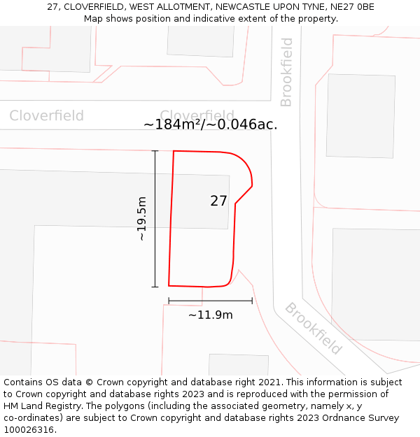 27, CLOVERFIELD, WEST ALLOTMENT, NEWCASTLE UPON TYNE, NE27 0BE: Plot and title map