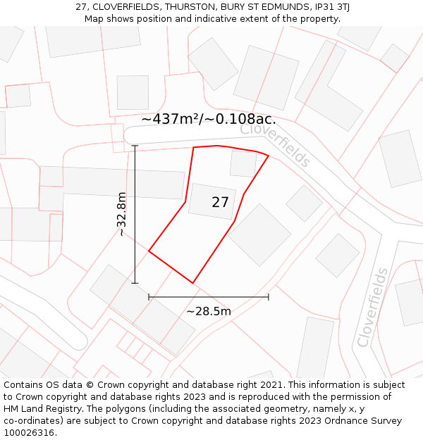 27, CLOVERFIELDS, THURSTON, BURY ST EDMUNDS, IP31 3TJ: Plot and title map