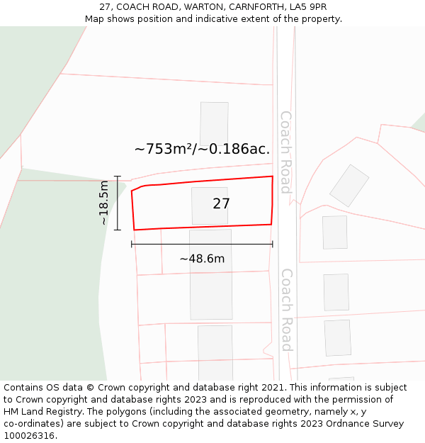 27, COACH ROAD, WARTON, CARNFORTH, LA5 9PR: Plot and title map