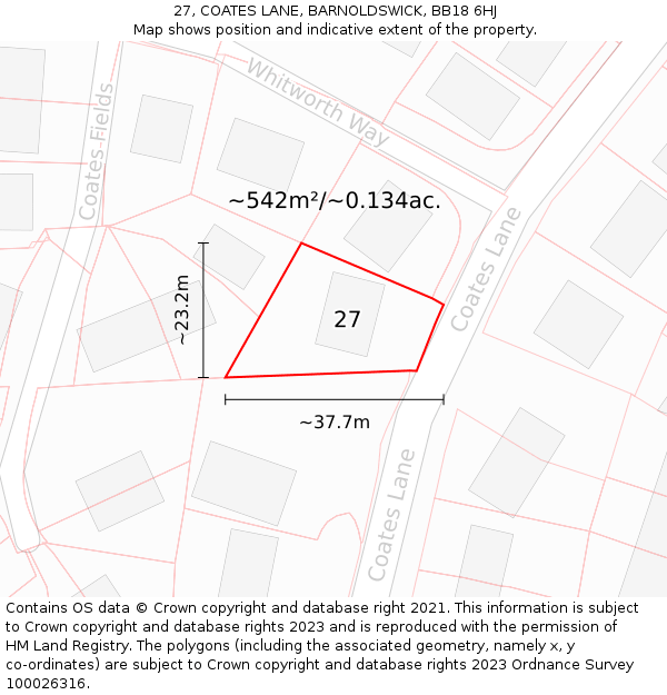 27, COATES LANE, BARNOLDSWICK, BB18 6HJ: Plot and title map