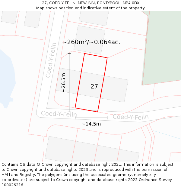 27, COED Y FELIN, NEW INN, PONTYPOOL, NP4 0BX: Plot and title map