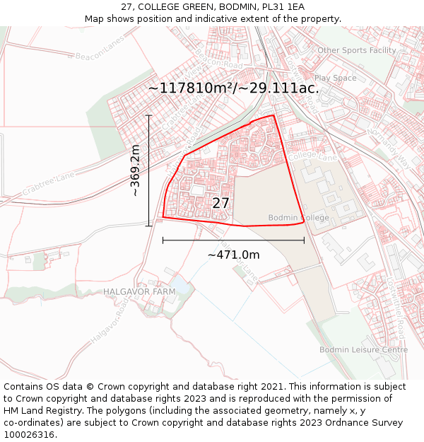 27, COLLEGE GREEN, BODMIN, PL31 1EA: Plot and title map