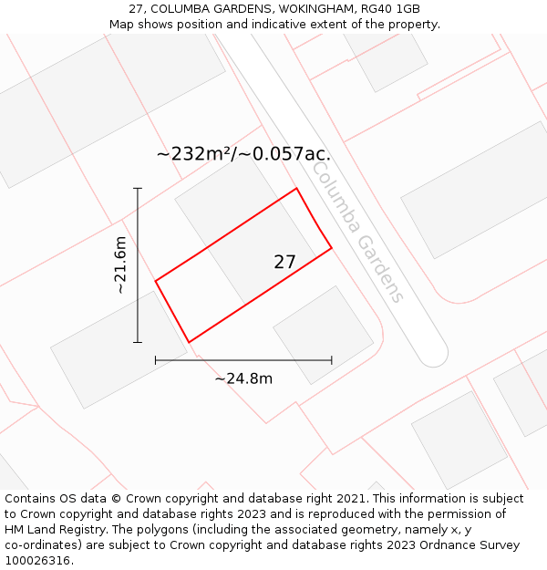 27, COLUMBA GARDENS, WOKINGHAM, RG40 1GB: Plot and title map