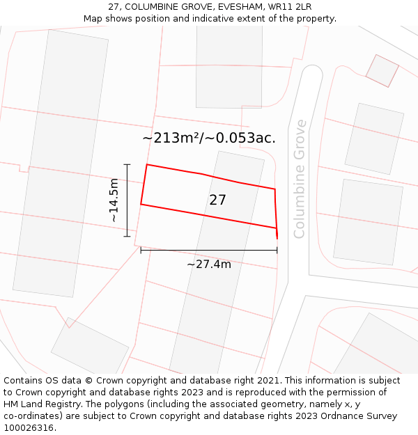 27, COLUMBINE GROVE, EVESHAM, WR11 2LR: Plot and title map